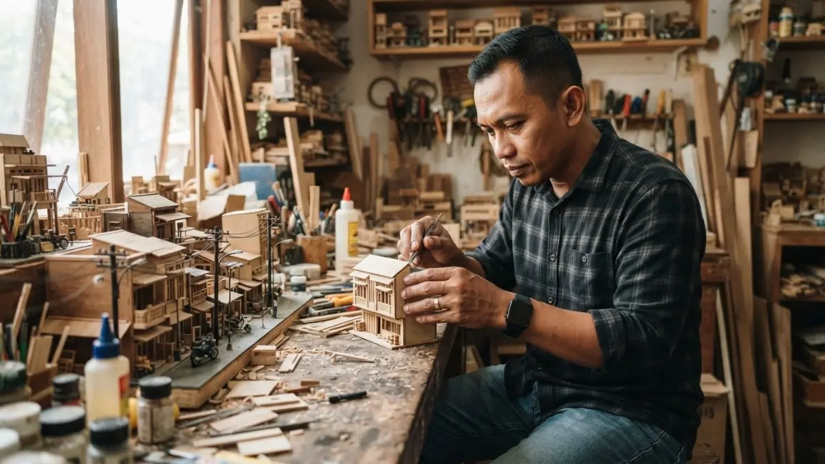 Pengrajin lokal membuat book nook miniature dengan detail khas Indonesia sebagai produk dekorasi rumah kreatif. (BTV/AI)