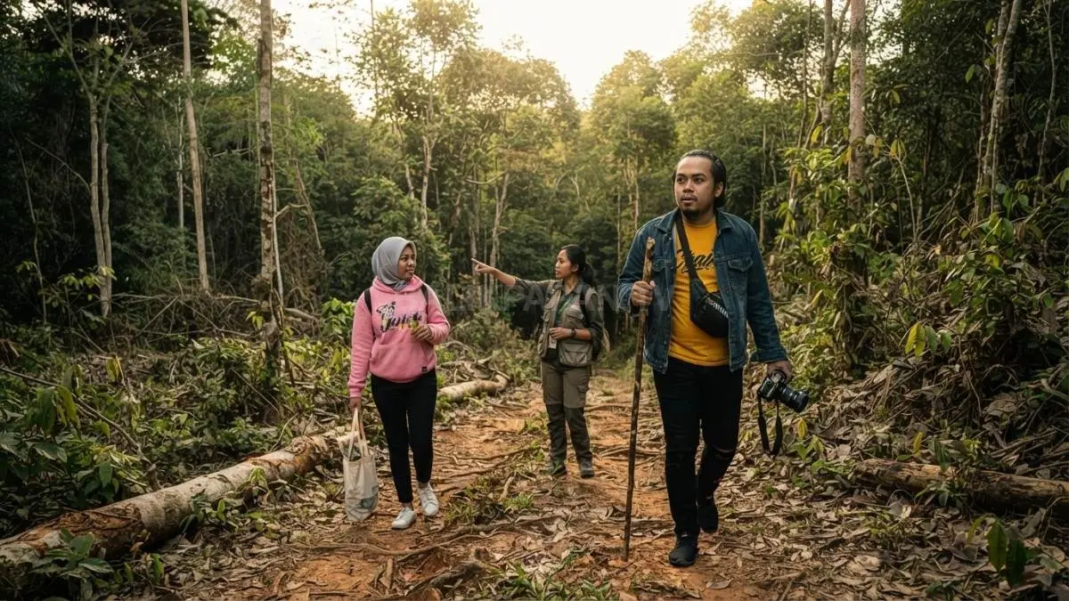 Pengunjung menyusuri jalur trekking menuju Air Terjun Katak, menikmati hutan tropis asri dan suasana tenang alami. (BTV/AI)
