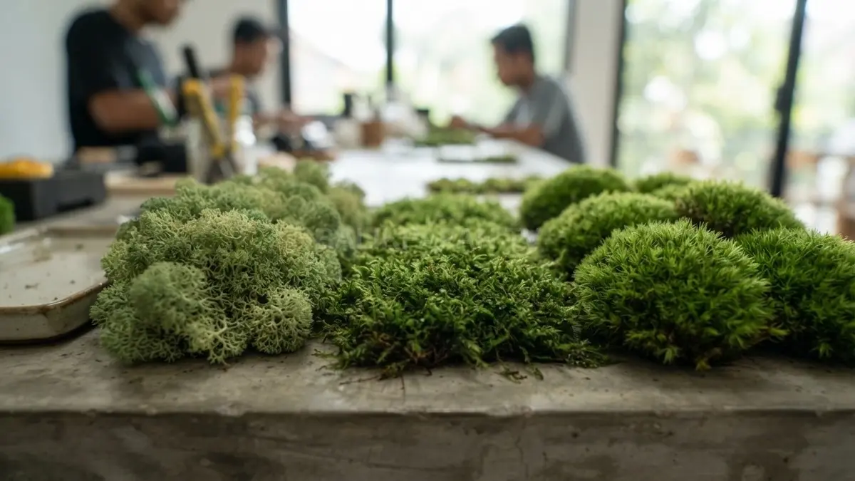 Perajin sedang menyusun berbagai jenis lumut preservasi pada bingkai kayu untuk membuat Moss Frame kustom. (BTV/AI)