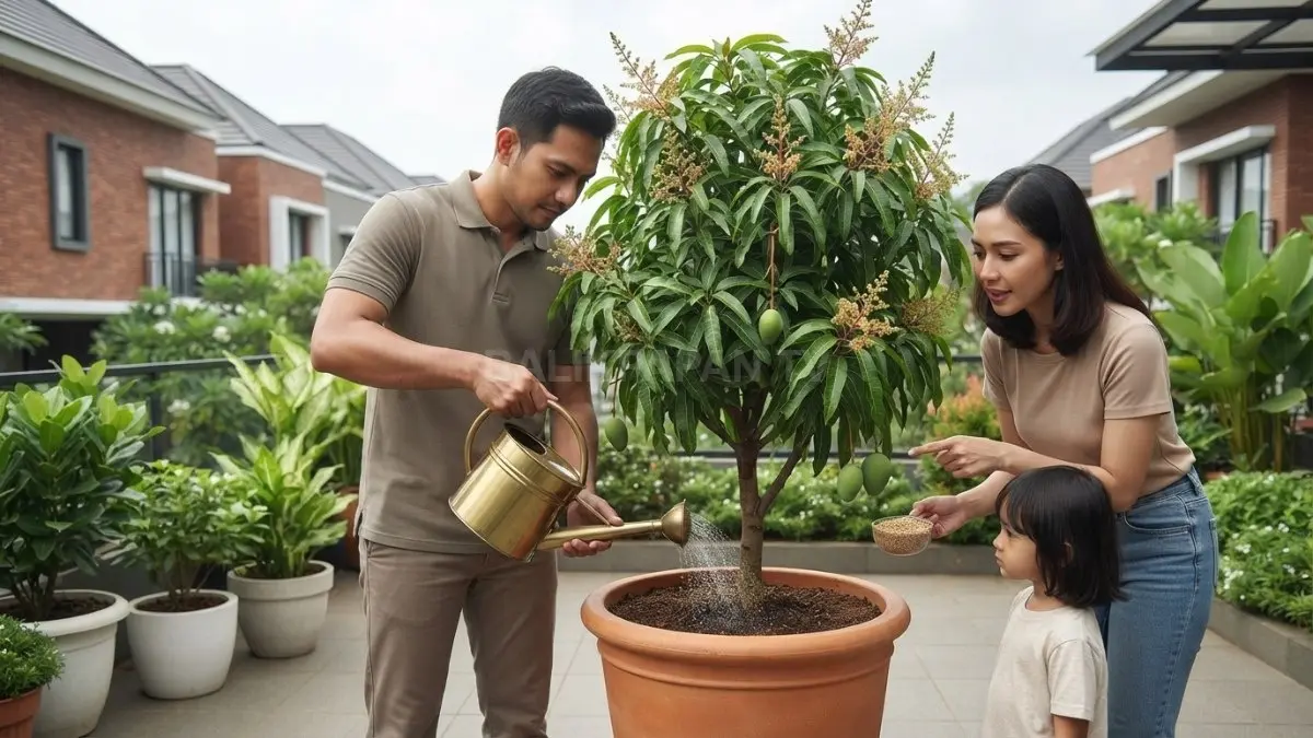 Perawatan tabulampot melalui penyiraman dan pemupukan rutin membantu tanaman cepat berbunga serta berbuah (BTV/AI)