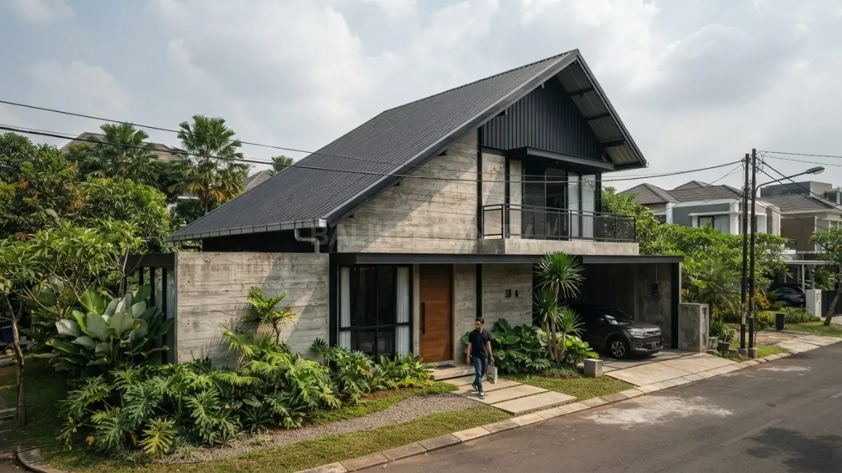 Perpaduan beton ekspos dan atap metal menciptakan tampilan rumah industrial yang sederhana namun tetap berkelas modern (BTV/AI)