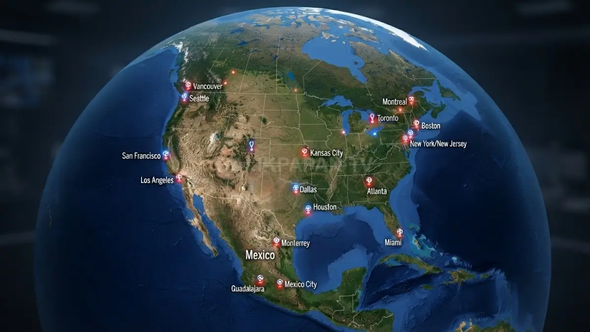 Peta Amerika Serikat, Kanada, dan Meksiko yang menampilkan lokasi kota-kota penyelenggara Piala Dunia FIFA 2026. (BTV/AI)