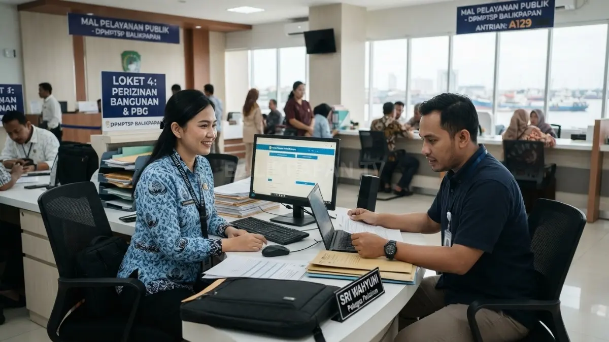 Petugas melayani pengajuan perizinan bangunan di Balikpapan dengan sistem administrasi yang tertata dan efisien. (BTV/AI)