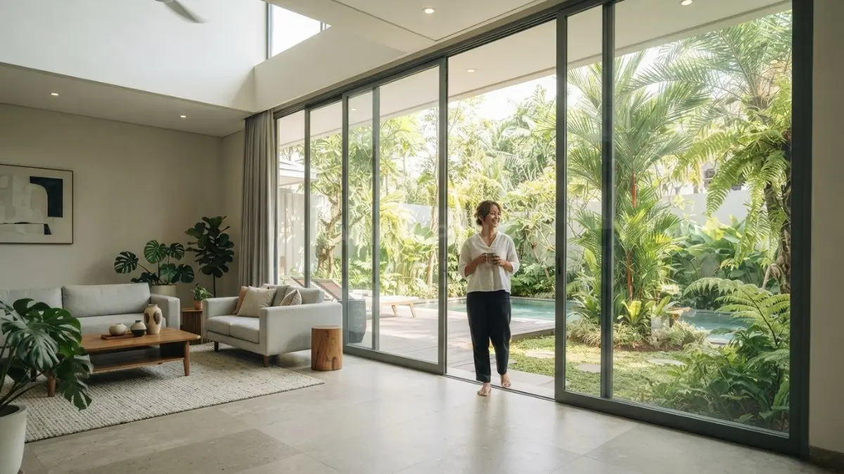Pintu geser full height menciptakan rumah modern yang terasa lebih luas, terang, dan elegan setiap hari (BTV/AI)