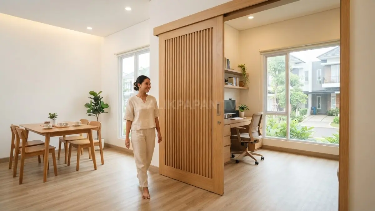 Pintu geser kayu natural memperkuat karakter rumah Japandi yang sederhana, elegan, dan nyaman untuk keluarga modern (BTV/AI)