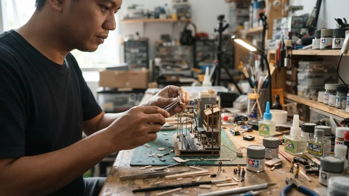 Proses pembuatan book nook miniature menggunakan material kecil seperti kayu tipis, lampu LED, dan komponen dekorasi mini. (BTV/AI)