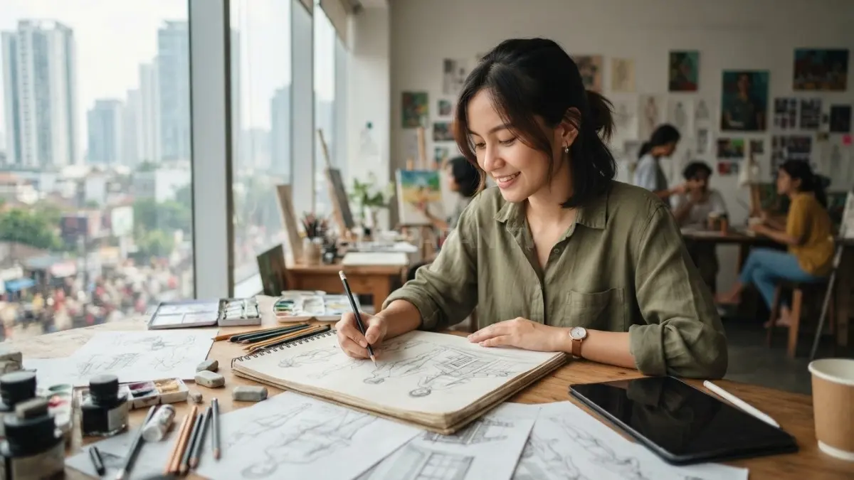 Proses sketsa tangan menjadi awal perjalanan seniman melalui latihan rutin, eksplorasi, dan kreativitas berkembang (BTV/AI)