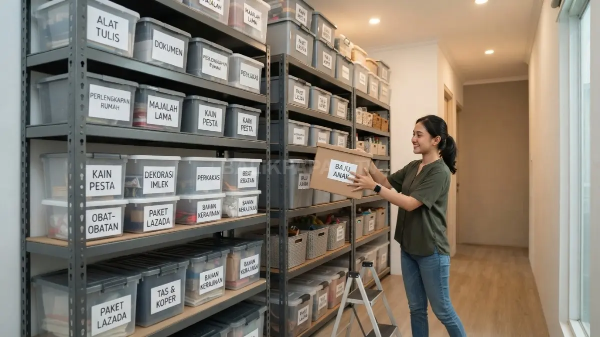 Rak modular berisi kotak penyimpanan berlabel membuat gudang rumah tampak bersih mudah diakses setiap saat. (BTV/AI)
