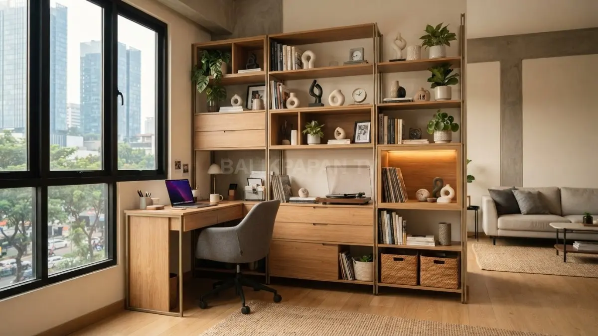 Rak terbuka menghadirkan fungsi penyimpanan sekaligus mempercantik tampilan interior rumah modern. (BTV/AI)