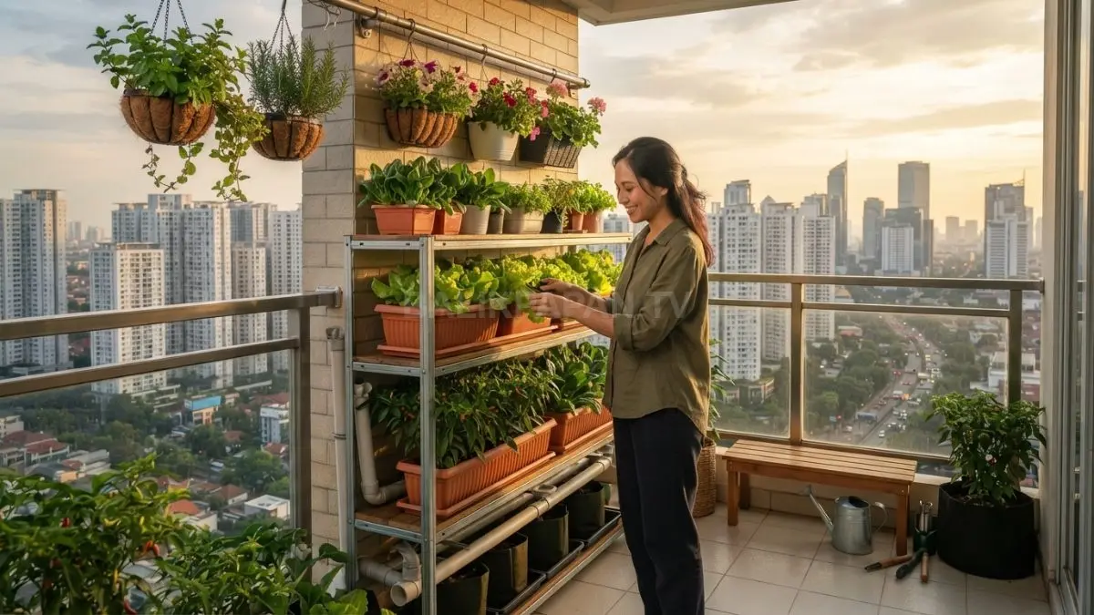 Rak vertikal balkon memaksimalkan ruang tanam, mendukung urban farming rapi, produktif, nyaman, dan mudah dirawat sehari-hari. (BTV/AI)
