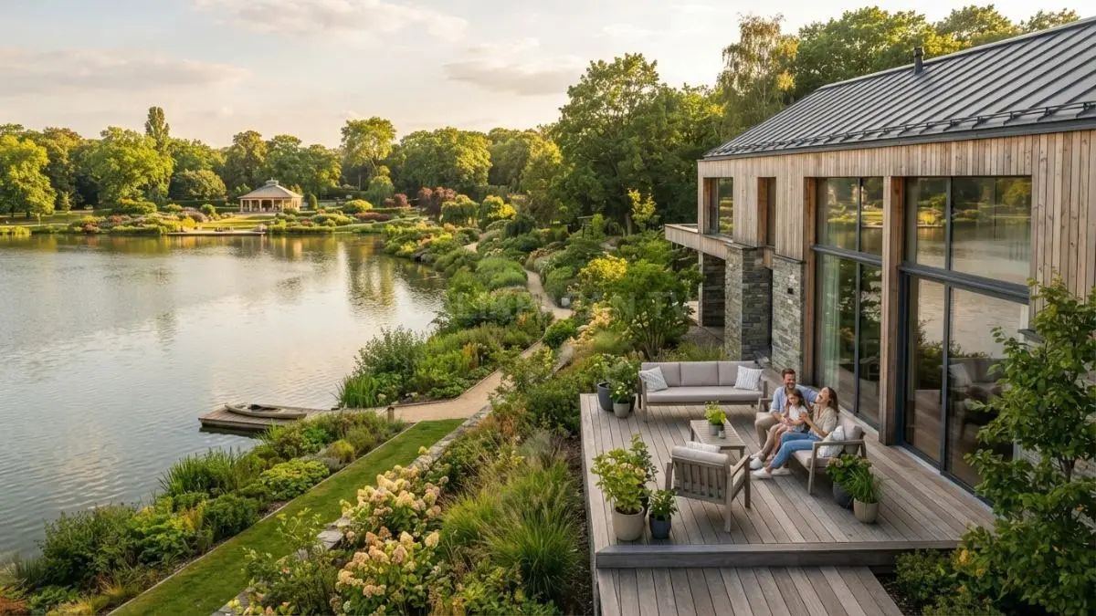 Rumah modern minimalis menghadap taman dan danau menghadirkan suasana hijau nyaman bagi keluarga (BTV/AI)