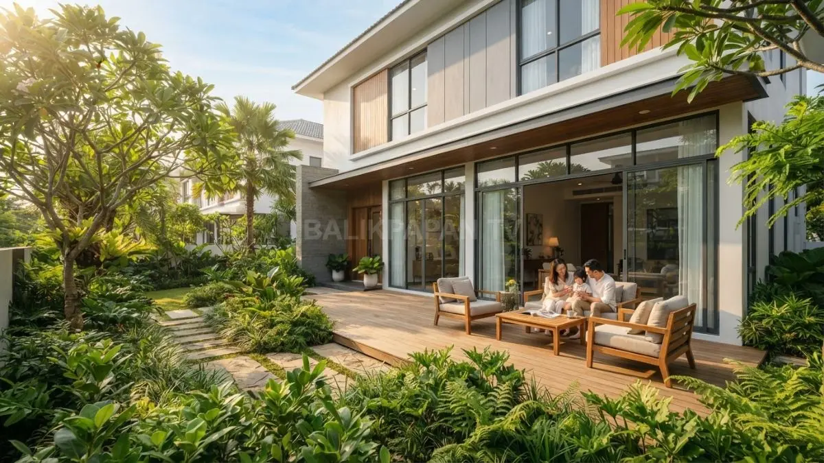 Rumah modern minimalis menghadap taman dengan jendela besar, warna netral, dan suasana alami nyaman. (BTV/AI)