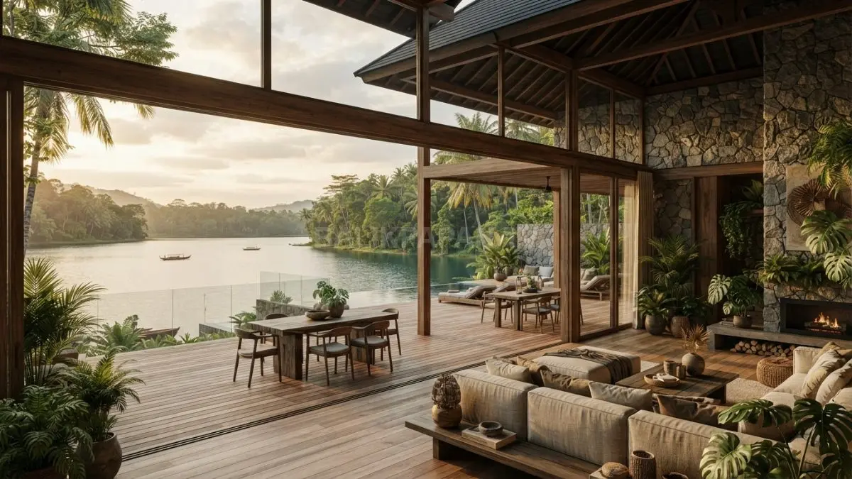 Rumah tropis dengan bukaan lebar menghadap danau menghadirkan udara segar, panorama alami, dan suasana nyaman. (BTV/AI)