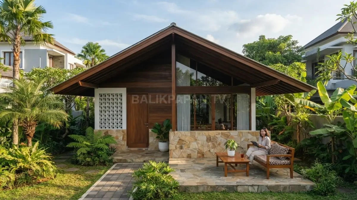 Rumah tropis modern memanfaatkan teritisan panjang untuk menjaga kenyamanan sekaligus memperkuat karakter arsitektur minimalis alami (BTV/AI)