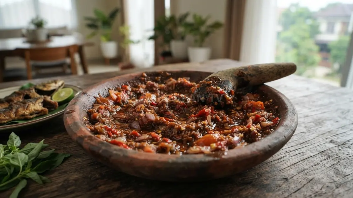 Sambal gence memiliki tekstur kasar dengan perpaduan cabai, bawang, tomat, terasi, gula merah, dan air asam jawa yang menghasilkan rasa pedas, gurih, manis, serta sedikit asam. (BTV/AI)