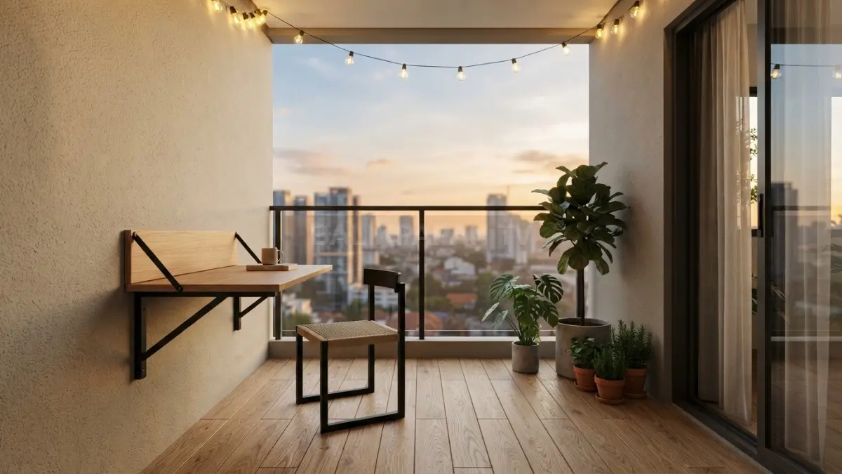 Sebuah balkon apartemen minimalis yang rapi dilengkapi lantai kayu parket, meja gantung lipat, dan lampu string kuning yang menyala hangat pada sore hari. (BTV/Ai)