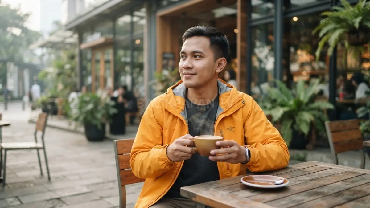 seorang anak muda mengenakan jaket outdoor tahan air berwarna cerah sedang duduk santai menikmati kopi di area luar ruangan sebuah kafe modern. (BTV/Ai)
