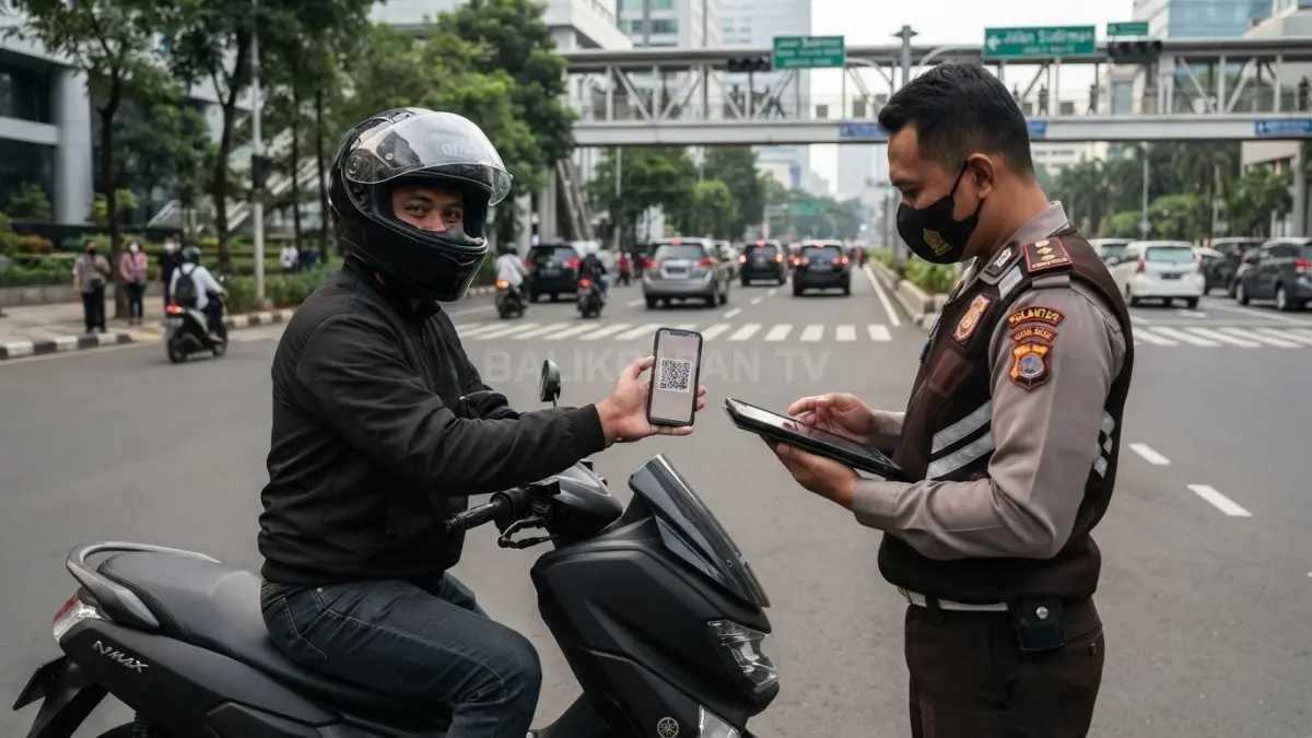 Seorang pengendara sedang menunjukkan bukti pengesahan STNK digital berupa kode QR di layar telepon pintarnya dengan latar belakang jalan raya kota yang tertib. (BTV/Ai)