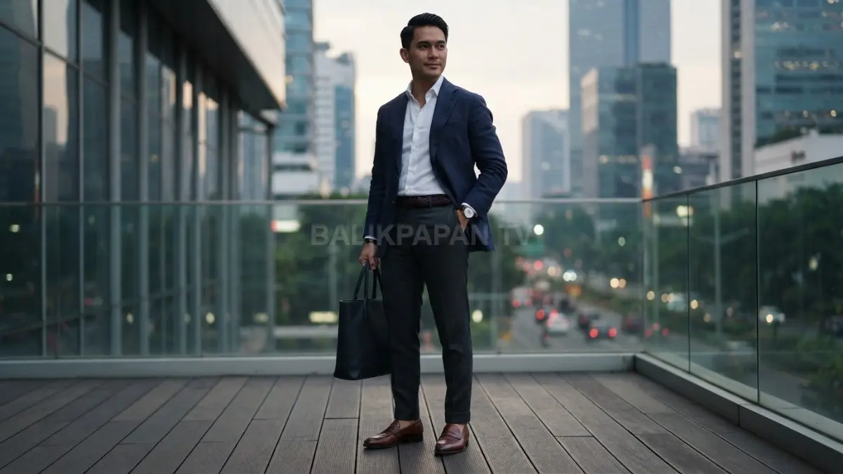 Sepatu kulit dan aksesori minimalis melengkapi gaya Old Money tanpa terlihat berlebihan. (BTV/AI)
