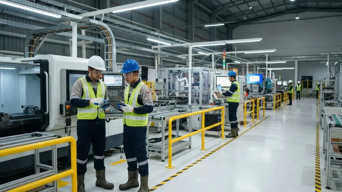 Suasana aktivitas pekerja shift malam di area industri dengan pencahayaan lampu yang terang dan sesuai standar ergonomi. (BTV/Ai)