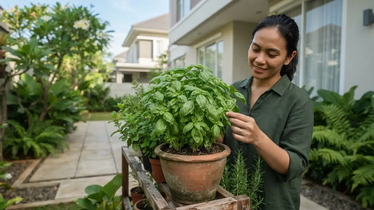 Tanaman daun basil hijau tumbuh subur di pot dengan daun segar siap dipanen di pekarangan rumah. (BTV/AI)