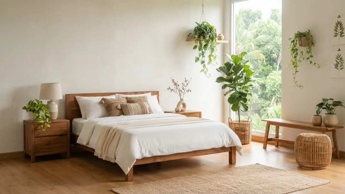 Tanaman indoor dan material alami seperti kayu serta rotan menghadirkan suasana kamar tidur yang lebih tenang dan menyegarkan. (BTV/AI)