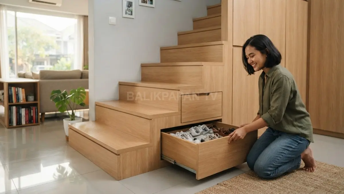 Tangga berlaci tersembunyi memanfaatkan ruang kosong untuk menyimpan sepatu, perlengkapan, dan dokumen rumah secara rapi (BTV/AI)