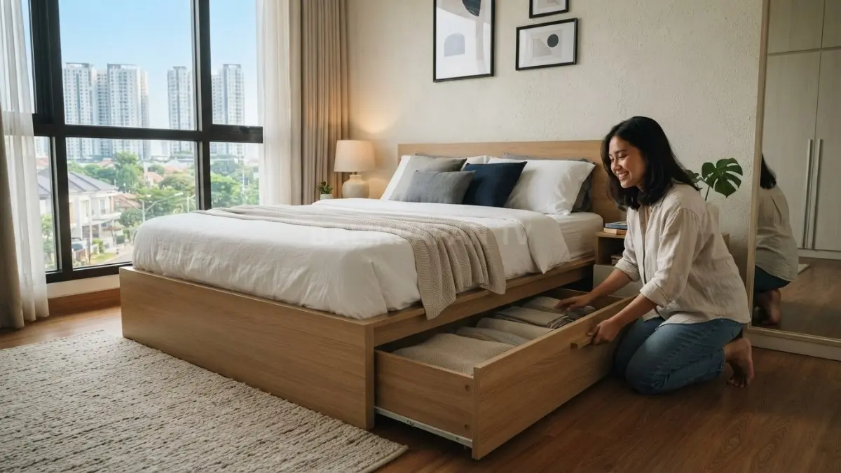 Tempat tidur berlaci menjadi solusi penyimpanan tersembunyi untuk kamar tidur minimalis. (BTV/AI)