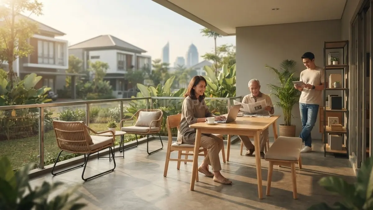 Teras rumah modern dimanfaatkan sebagai ruang multifungsi dengan furnitur sederhana dan suasana nyaman. (BTV/AI)