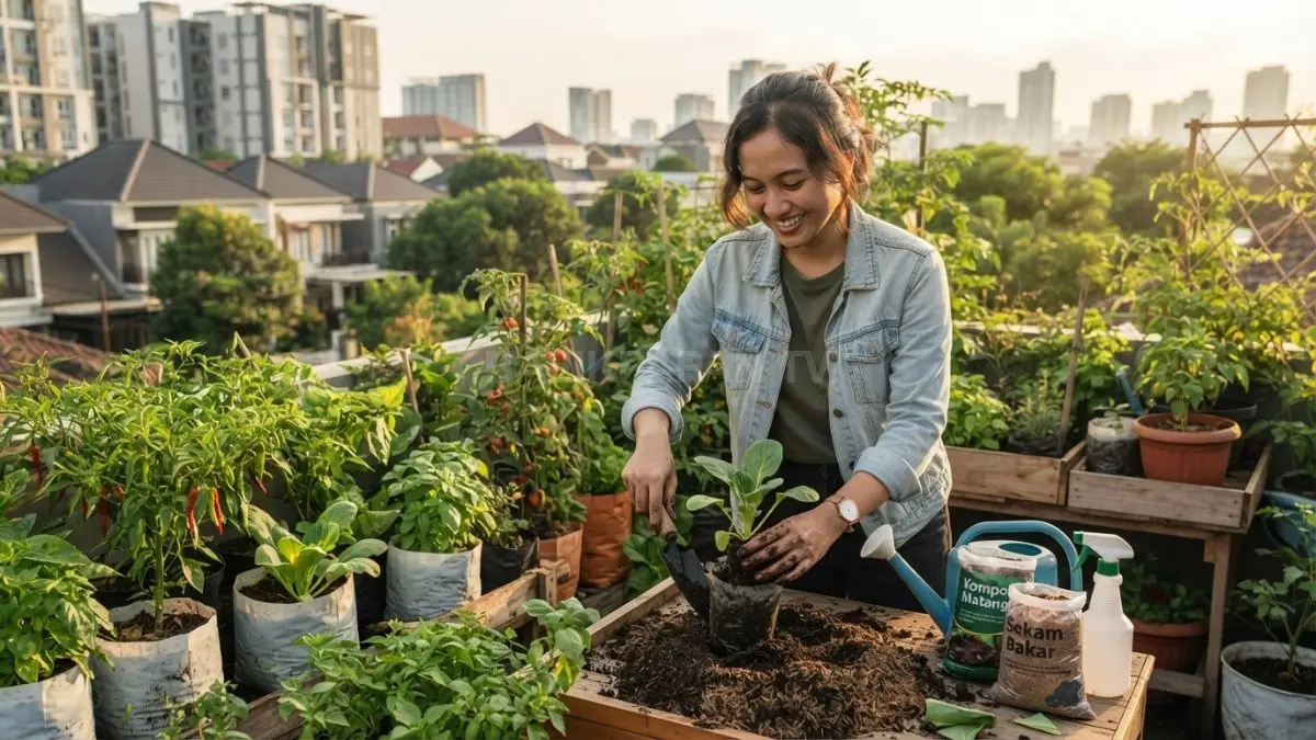 Urban farming mudah dimulai dengan media tanam sederhana, pupuk organik, penyiraman tepat, dan perawatan alami berkelanjutan. (BTV/AI)
