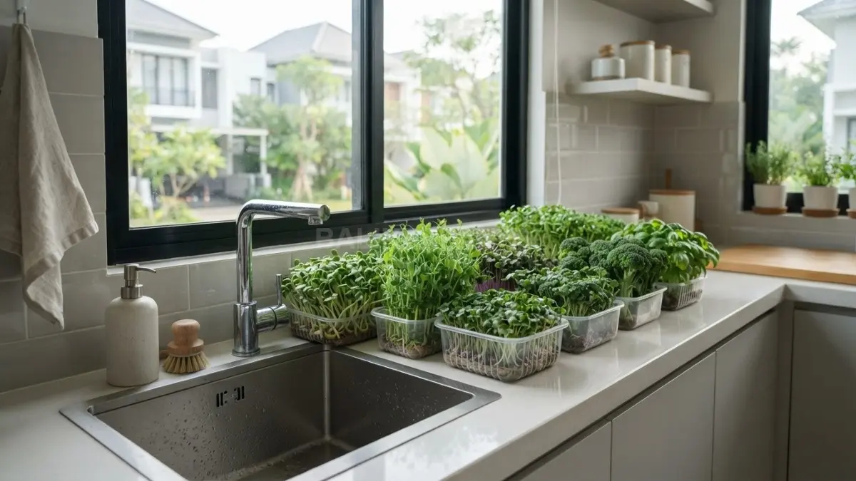 Wadah plastik berisi sayuran microgreens tumbuh subur di samping wastafel dapur minimalis dekat jendela. (BTV/Ai)