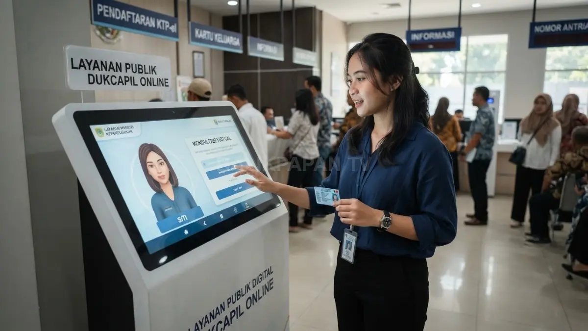 Warga berkonsultasi dengan avatar AI mengenai pengurusan KTP, izin usaha, dan layanan administrasi pemerintah melalui kios digital interaktif. (BTV/AI)