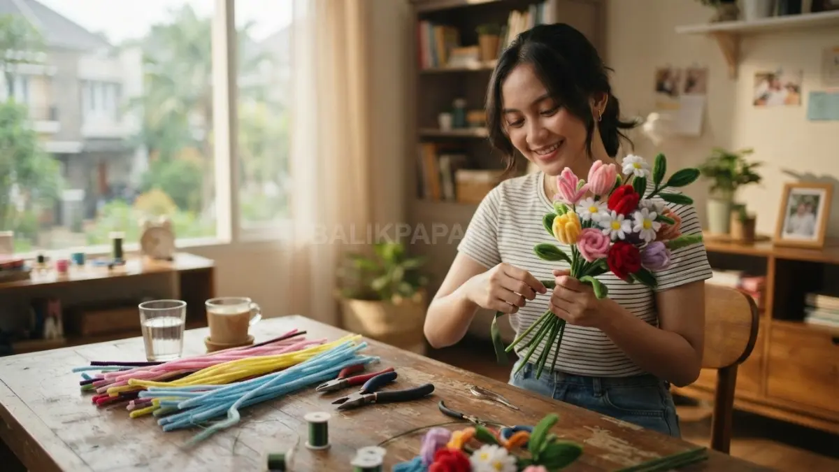 Aktivitas merangkai bunga pipe cleaner melatih kreativitas, konsentrasi, dan menghadirkan suasana relaksasi di rumah setiap hari. (BTV/AI)
