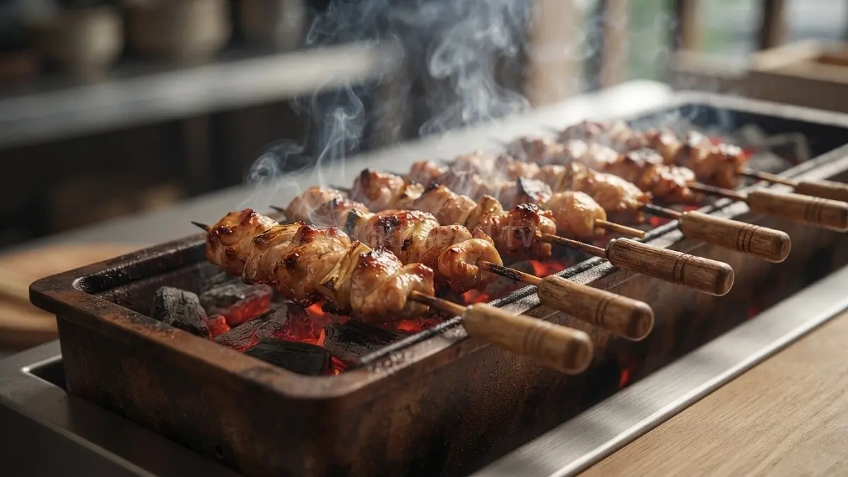 Beberapa tusuk sate daging empuk yang sedang dibakar di atas papan arang membara dengan kepulan asap tipis yang wangi. (BTV/Ai)
