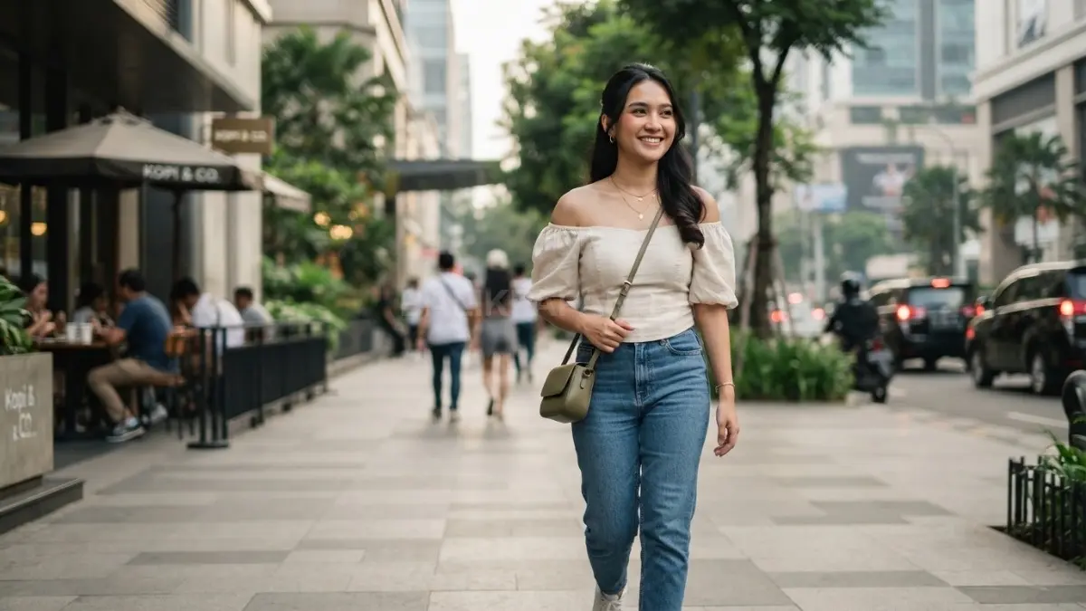 Busana sabrina dipadukan rambut setengah depan menciptakan penampilan feminin, modern, seimbang, dan elegan sepanjang hari (BTV/AI)
