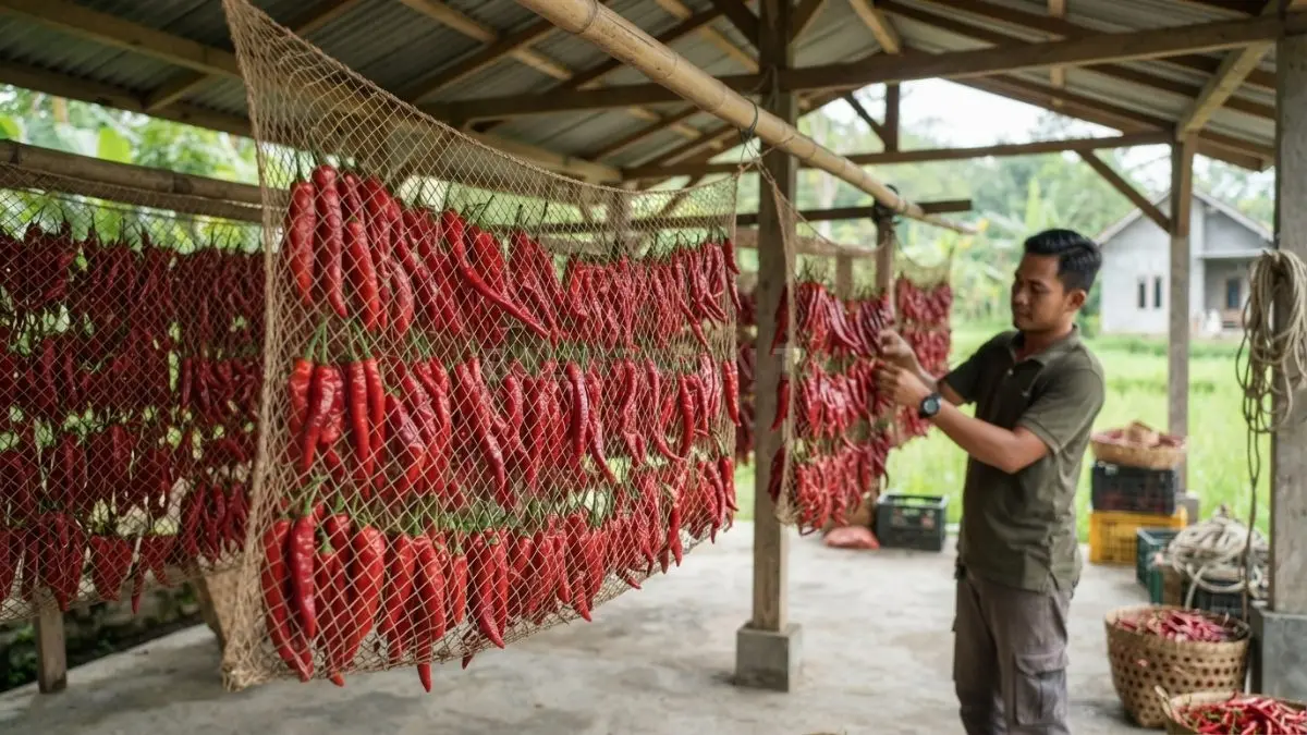 Cabai digantung menggunakan jaring di area teduh untuk menjaga kesegarannya lebih lama. (BTV/AI)