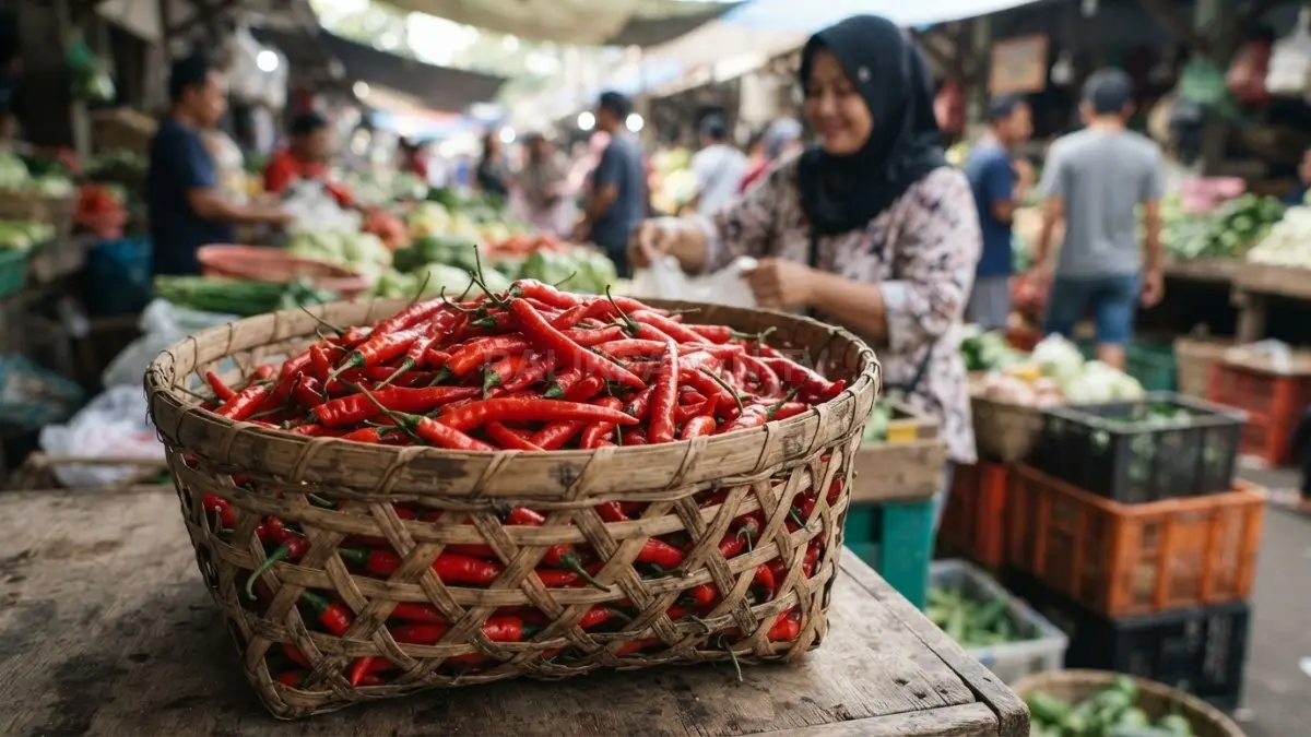 Cabai merah segar tersimpan dalam keranjang bambu dengan sirkulasi udara alami. (BTV/AI)