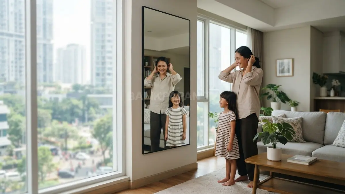 Cermin persegi panjang vertikal membantu ruangan terasa lebih tinggi, luas, dan proporsional secara visual. (BTV/AI)