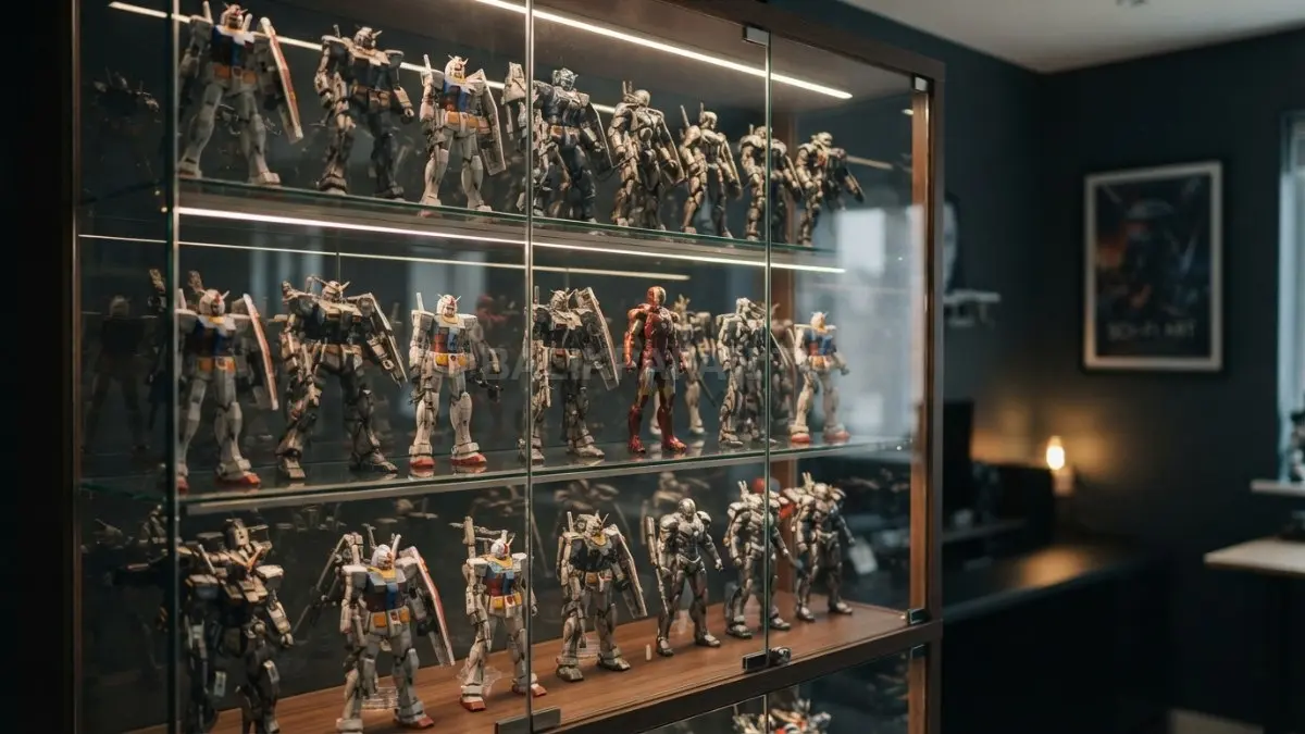 Deretan figur aksi robot presisi yang tertata rapi di dalam lemari kaca dengan pencahayaan lampu sorot LED minimalis. (BTV/Ai)