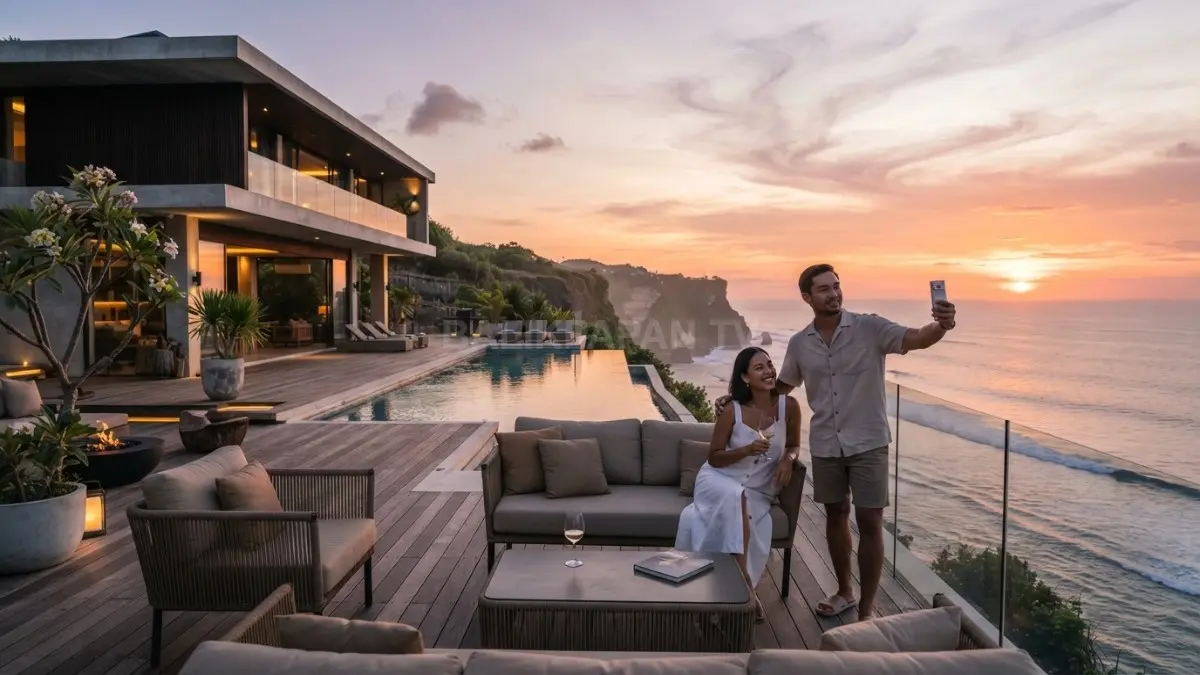 Desain villa pantai modern memaksimalkan panorama matahari terbenam melalui material alami nyaman fungsional menyatu pesisir. (BTV/AI)