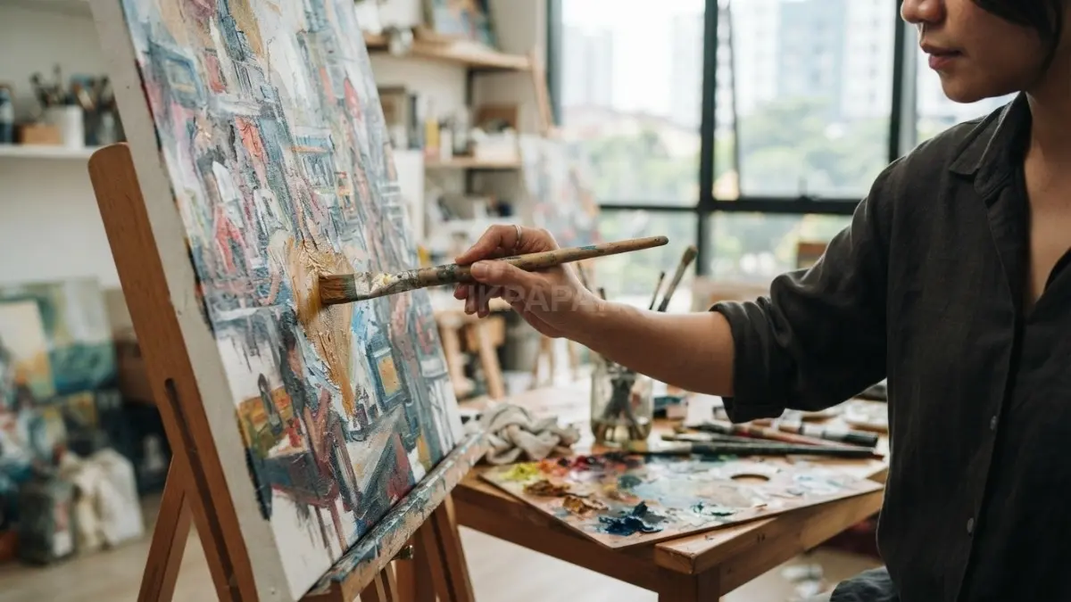 Detail kuas, palet warna, dan tangan pelukis yang sedang membangun cerita visual di atas kanvas. (BTV/AI)