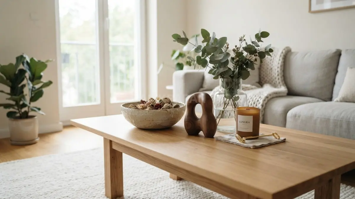 Elemen bertekstur dari kayu, keramik, dan batu alam menciptakan coffee table hangat, elegan, serta berkarakter. (BTV/AI)