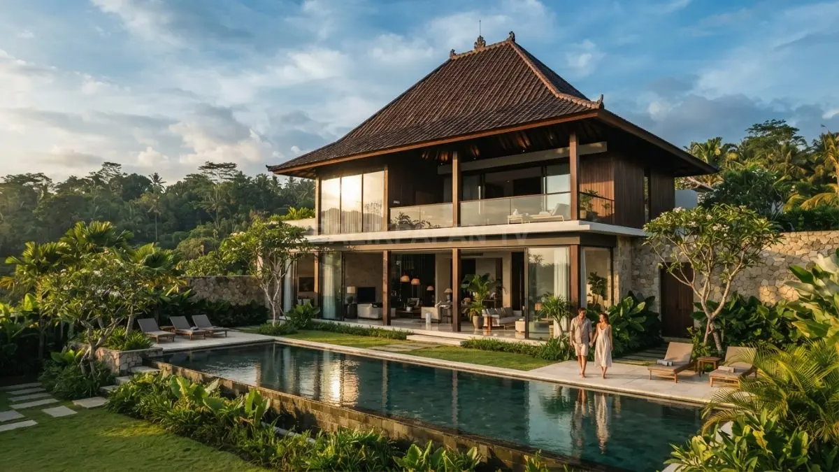 Fasad rumah tinggal modern dua lantai dengan kombinasi dinding kaca besar dan struktur atap tajug kayu ekspos yang megah. (BTV/Ai)