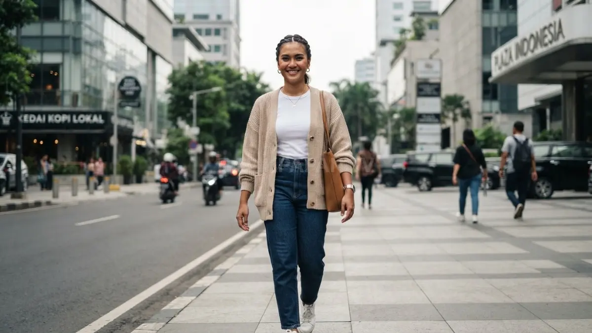Gaya kasual modern dipadukan kepang sederhana, cardigan, dan aksesori menciptakan penampilan rapi serta nyaman sehari-hari (BTV/AI)

