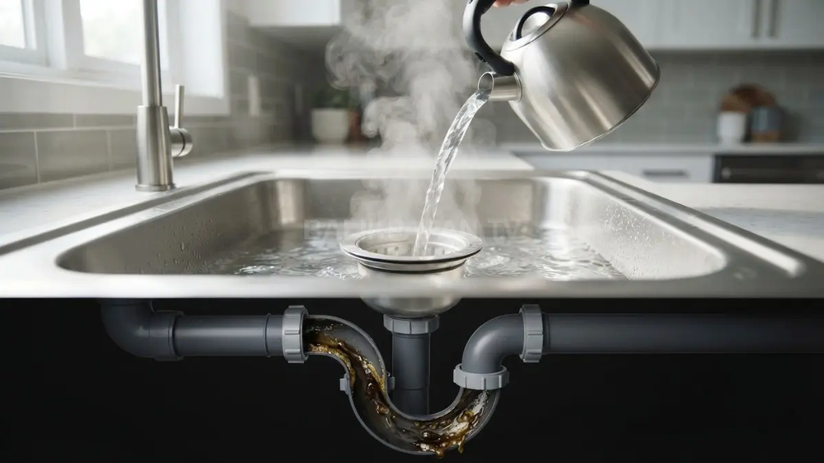 Guyur saluran pipa menggunakan air mendidih untuk melunakkan gumpalan lemak penyumbat wastafel dapur. (BTV/Ai)