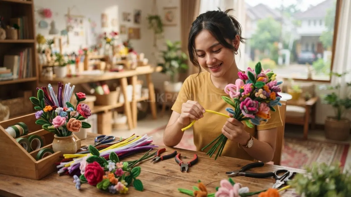Hobi membuat bunga pipe cleaner memberikan pengalaman kreatif menyenangkan dengan manfaat relaksasi dan kepuasan pribadi berkelanjutan. (BTV/AI)