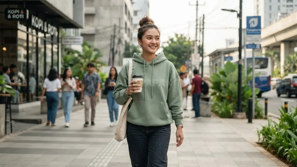 Hoodie oversize dipadukan high bun menciptakan gaya kasual modern, praktis, dan seimbang untuk aktivitas harian (BTV/AI)
