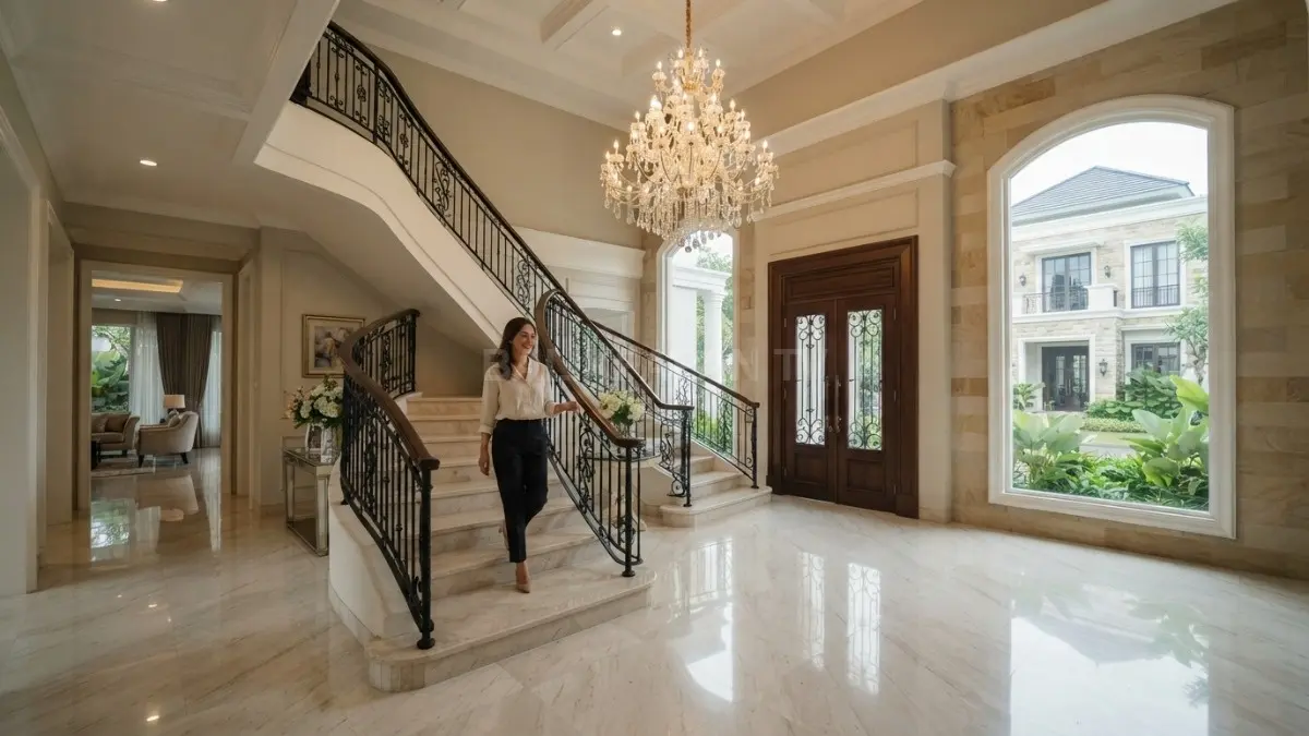 Interior rumah modern klasik menghadirkan tangga lengkung, lampu kristal, marmer elegan, dan nuansa istana Eropa megah (BTV/AI)
