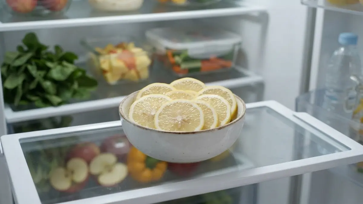Irisan lemon segar membantu menyamarkan bau ringan di kulkas sekaligus menghadirkan aroma yang lebih menyegarkan alami. (BTV/AI)