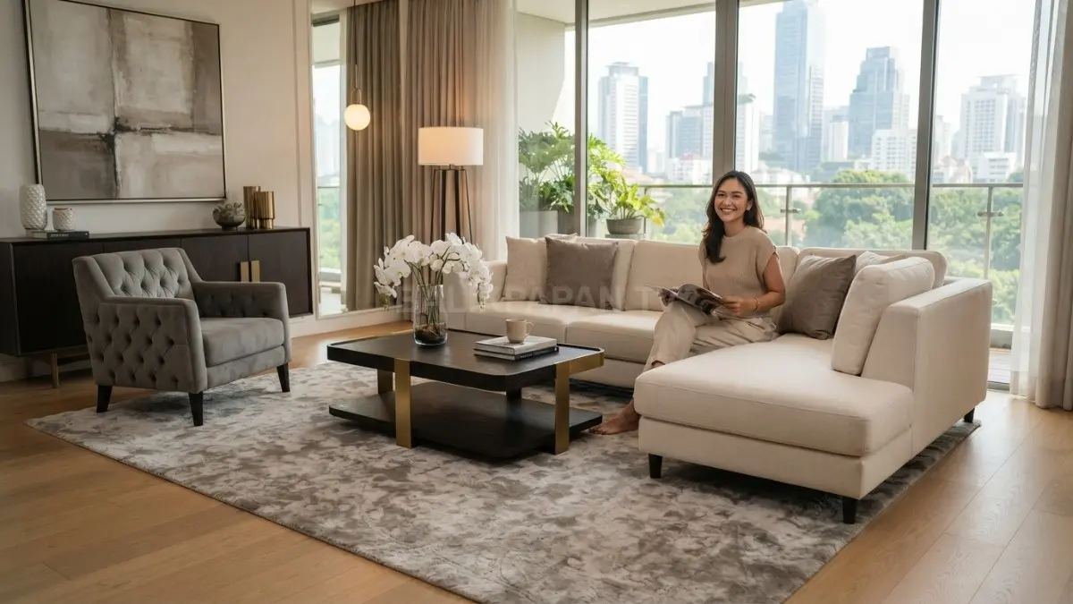 Karpet berukuran tepat menyatukan sofa, meja, dan kursi menciptakan ruang tamu bergaya hotel nyaman elegan (BTV/AI)
